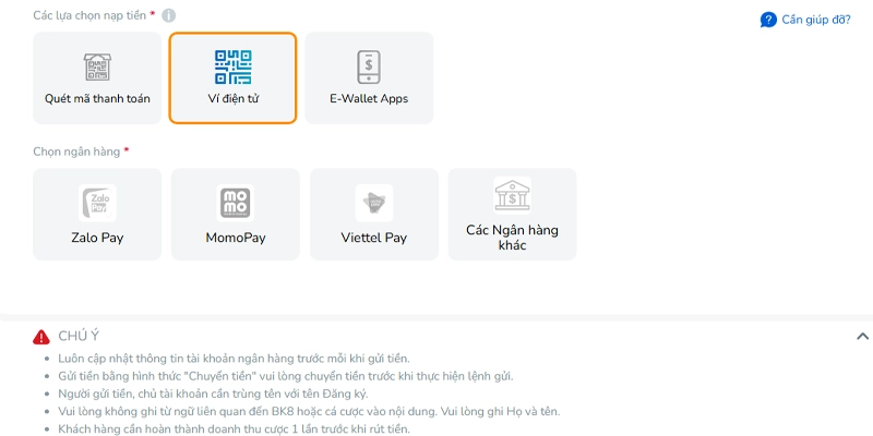 6 phương thức gửi tiền vào bk8 nhanh nhất 2026